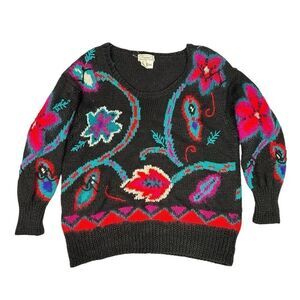 Vintage Jennifer Reed Neiman Marcus Hand Knit Floral Pattern Sweater Size L